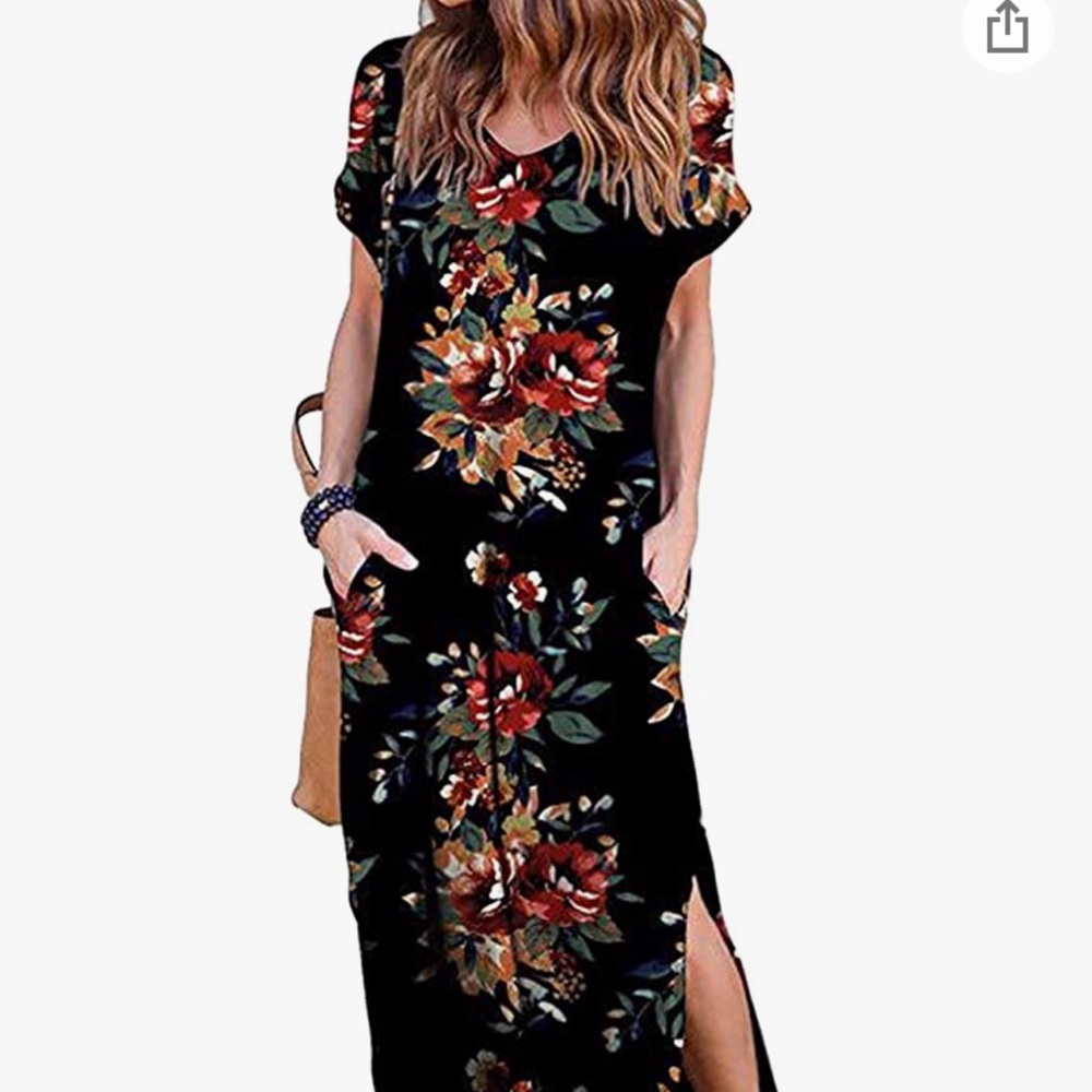 Women Summer Casual Maxi Dress Loose Pockets Short Sleeve Split Boho Dresses